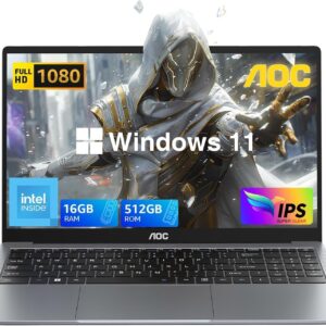 AOC Laptop Computer 16GB RAM 512GB SSD Gaming Laptops 15.6 Inch FHD Screen Premium Laptop (Up to 3.6GHz) Windows 11 Laptop Computer, Light&Thin, Metal Shell, Webcam, Type-C, USB3.2