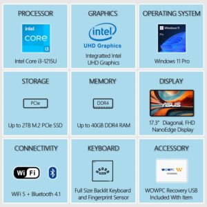 ASUS New 17.3″ Vivobook | Intel Core i3-1215U 6-core Processor (Beat i7-1165G7) | 40GB RAM | 1TB SSD | FHD Display | Backlit Keyboard | Fingerprint Reader | Windows 11 Pro | WOWPC Recovery USB