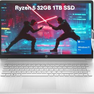 HP 17 Laptop (17.3″ FHD Anti-Glare, AMD Ryzen 5 5500U, 32GB RAM, 1TB SSD, 6-Core(> i7-1165G7)) for Business, Enterprise, Students, Long Battery Life, Webcam, Fast Charge, IST Hub, Win 11 Pro, Silver