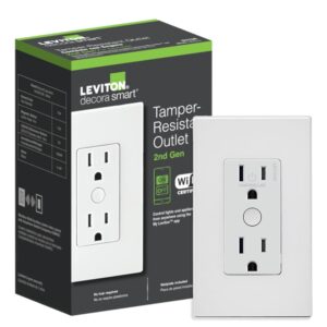 Leviton Decora Smart Outlet, Tamper-Resistant 15A, Wi-Fi 2nd Gen, Works with My Leviton, Alexa, Google Assistant, Apple Home/Siri & Wire-Free Companions for Switched Outlet, D215R-2RW, White
