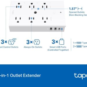TP-Link Tapo Smart Plug Outlet Extender, Surge Protector, 18W Fast Charging, 3 Individual Smart Outlets, 1x USB-C & 2X USB-A, Smart Night Light, Works w/Apple HomeKit, Alexa & Google Home, Tapo P306