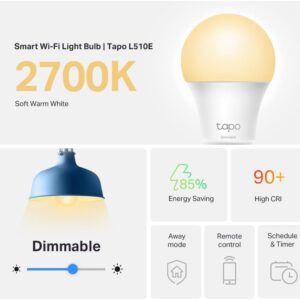 Tapo TP-Link Smart Light Bulbs, 800 Lumens (60W Equivalent), 2700K Soft Warm White LED Bulb, Dimmable, Compatible with Alexa and Google Home, No Hub Required, A19 E26, L510E (4-Pack)