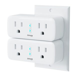 GHome Smart Plug Outlet Extender 15A, WiFi Smart Plugs Compatible with Alexa and Google Home, Smart Surge Protector Outlet with Remote Control and Timer, Dual Sockets, No Hub Required, White, 2 Pack