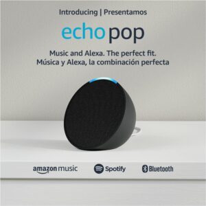 Echo Pop | Full sound compact smart speaker with Alexa | International Version with US Power Adaptor | Charcoal