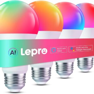 Lepro B2 AI Smart Light Bulbs – 1100LM WiFi & Bluetooth RGBWW Color Changing LED Bulb, Works with Alexa & Google Assistant, AI Generated Lighting, AI Voice Control, Music Sync, 2.4GHz Only, 4 Pack