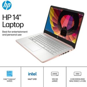 HP 2024 Stream 14″ HD Thin and Light Laptop, Intel Celeron N4120, 16GB RAM, 128GB eMMC Storage, Long Battery Life, HD Webcam, HDMI, Rose Gold, Office 365 1-Year, Windows 11 S, 128GB Cuertns MicroSD