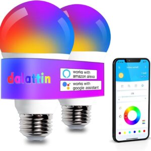 dalattin A19 Led Light Bulb, Smart Bulb Work with Alexa & Google Assistant, WiFi & Bluetooth App RGBCW Color Changing Light Bulb, E26 Led Bulb 60 Watt Equi, 800LM, Only Support 2.4GHz WiFi, 2 Pack