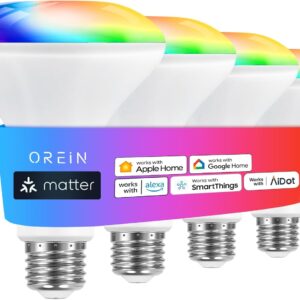 OREiN Matter Smart Light Bulb, BR30 Smart Light Bulbs 650LM 60W, Recessed Color Changing Bulbs RGBTW, Smart Flood Light Bulb Compatible with Alexa, Apple Home, Google Home, SmartThings, 4Pack