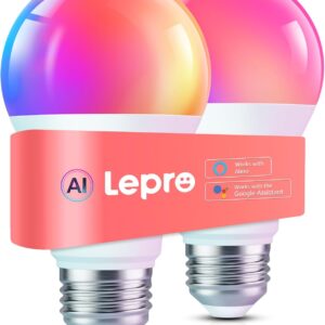 Lepro B1 AI Smart Light Bulbs – WiFi & Bluetooth RGBWW Color Changing LED Bulb Compatible with Alexa & Google Assistant, AI Generated Lighting, AI Voice Control, Music Sync, 2.4GHz Only, 2 Packs