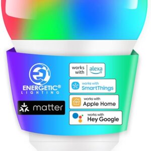Energetic Light Bulbs Work with Alexa/Apple Home/Google Home/SmartThings, Matter Smart A19 LED Light Bulb, E26 RGB Smart Bulbs, 60W Equivalent, 800LM, 2.4 Ghz WiFi Only, Smart Speaker Required, 1 Pack