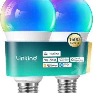 Linkind Matter Smart Light Bulb,1600LM 100W Smart Bulbs Work with Alexa/Apple Home/Google Home/SmartThings, RGBTW LED Color Changing Bulbs Music Sync, 2.4GHz Wi-Fi Light Bulbs LED 11W, A21 E26, 2Pack