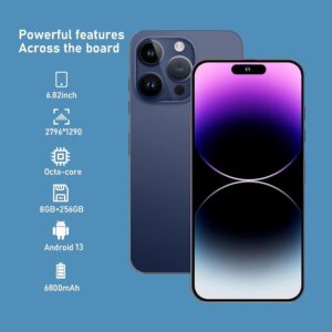 A15 Pro Max Unlocked Phones,8GB+256GB Ultra Memory Cell Phone,Android 13.0 Smartphone,6800 mAh Battey,6.82-inch HD Screen,Dual SIM, Dual Standby,108MP Camera, 5G Phone.(Blue)