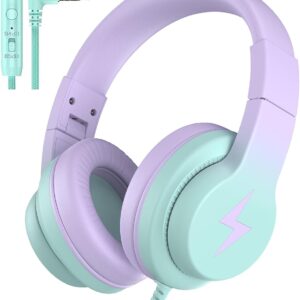Kids Headphones, Wired Headphones for Kids Over Ear with Microphone, 85/94dB Volume Limiter Headphones for Girls Boys, Foldable Headphones for Learning & Entertainment,Gradient Purple