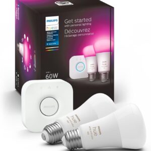 Philips Hue Smart Light Starter Kit – Includes (1) Bridge and (2) 60W A19 LED Bulb, White and Color Ambiance Color-Changing Light, 800LM, E26 – Control with App or Voice Assistant