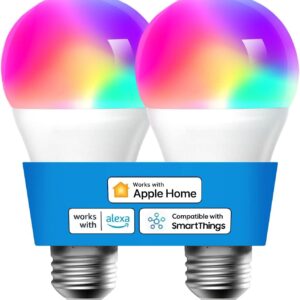 meross Smart Light Bulb, Smart WiFi LED Bulbs Compatible with Apple HomeKit, Siri, Alexa, SmartThings, Dimmable E26 Multicolor 2700K-6500K RGBWW, 900 Lumens 60W Equivalent 2 Pack Cool White A19