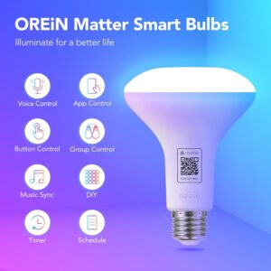 OREiN Matter Smart Light Bulb, BR30 Smart Light Bulbs 650LM 60W, Recessed Color Changing Bulbs RGBTW, Smart Flood Light Bulb Compatible with Alexa, Apple Home, Google Home, SmartThings, 4Pack