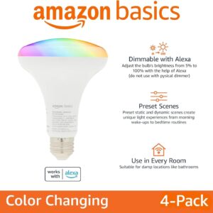 Amazon Basics Smart BR30 LED Light Bulb, Color Changing, 60W Equivalent, 800LM, Works with Alexa Only, 2.4 GHz Wi-Fi, No Hub Required, 4 Pack