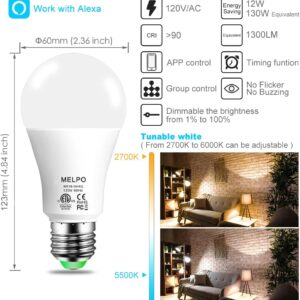 MELPO Alexa Light Bulb 130W Equivalent, Smart Light Bulbs Warm White to Daylight Tunable, A19 E26 Bluetooth LED Bulbs for Bedroom Kitchen Living Room Office（8 Pack） (8)