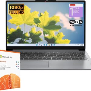 Lenovo IdeaPad 1 Student Laptop, Intel Dual Core Processor, 20GB RAM, 1TB SSD + 128GB eMMC, 15.6″ FHD Display, 1 Year Office 365, Windows 11 Home, Wi-Fi 6, Webcam, Bluetooth, SD Card Reader, Grey