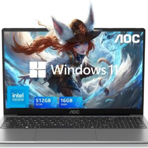 AOC 15.6″ Laptop for Home or Work, Intel Quad-Core Processor (Up to 3.6GHz), 16GB RAM, 512GB SSD, Windows 11 Laptops Computer, FHD Screen, Webcam, Light&Thin, Metal Shell, HDMI, Type-C, USB3.2