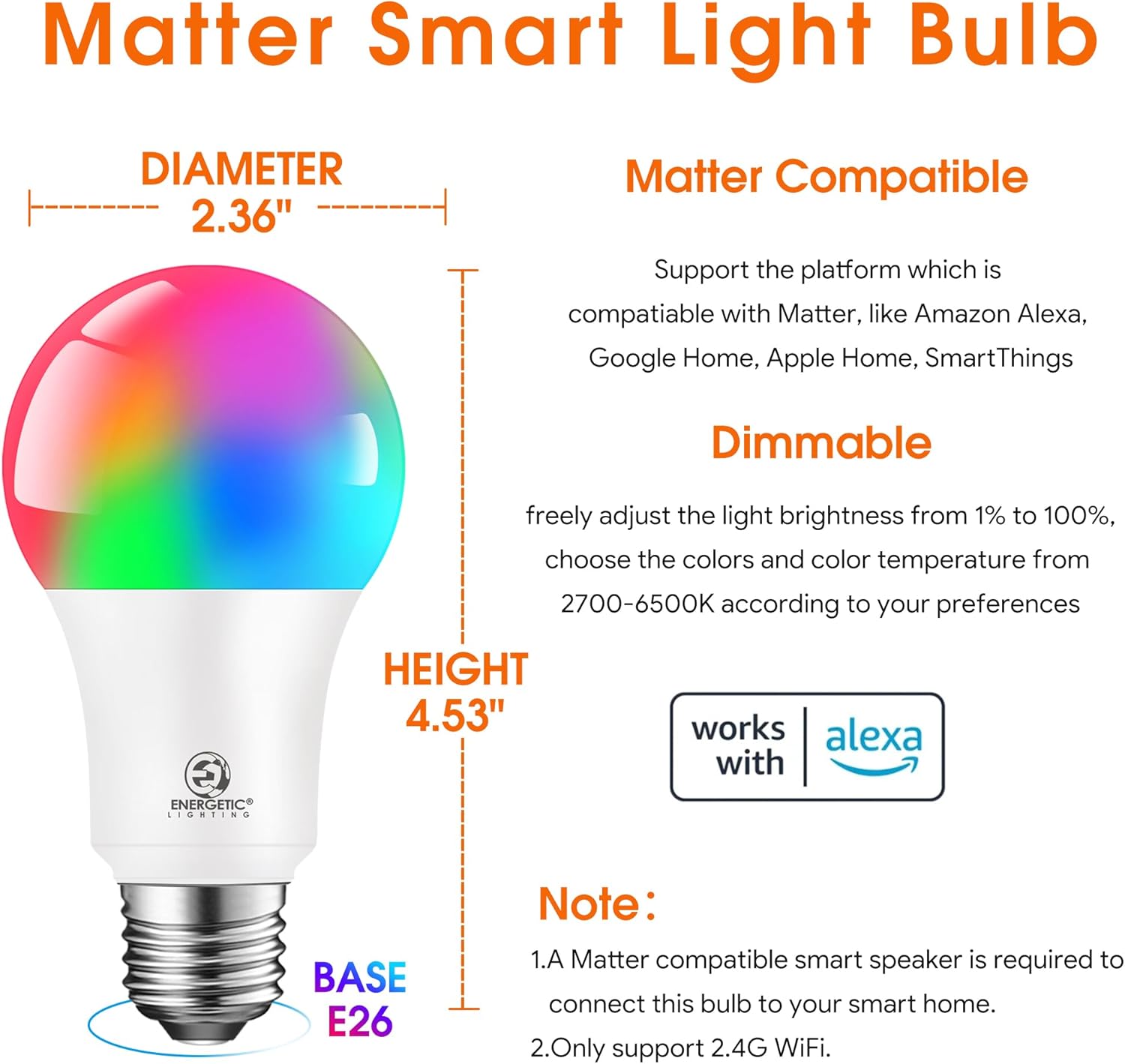 Energetic Light Bulbs Work with Alexa/Apple Home/Google Home/SmartThings, Matter Smart A19 LED Light Bulb, E26 RGB Smart Bulbs, 60W Equivalent, 800LM, 2.4 Ghz WiFi Only, Smart Speaker Required, 1 Pack - Image 2