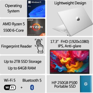 HP 2024 New 17 inch Laptop, AMD Ryzen 5 5500U 6-Cores Processor(Beat i7-1250U), 17″ FHD (1080p) IPS Display, 32GB RAM, 1TB SSD, Fingerprint Reader, Windows 11 Pro, w/WOWPC Recovery USB