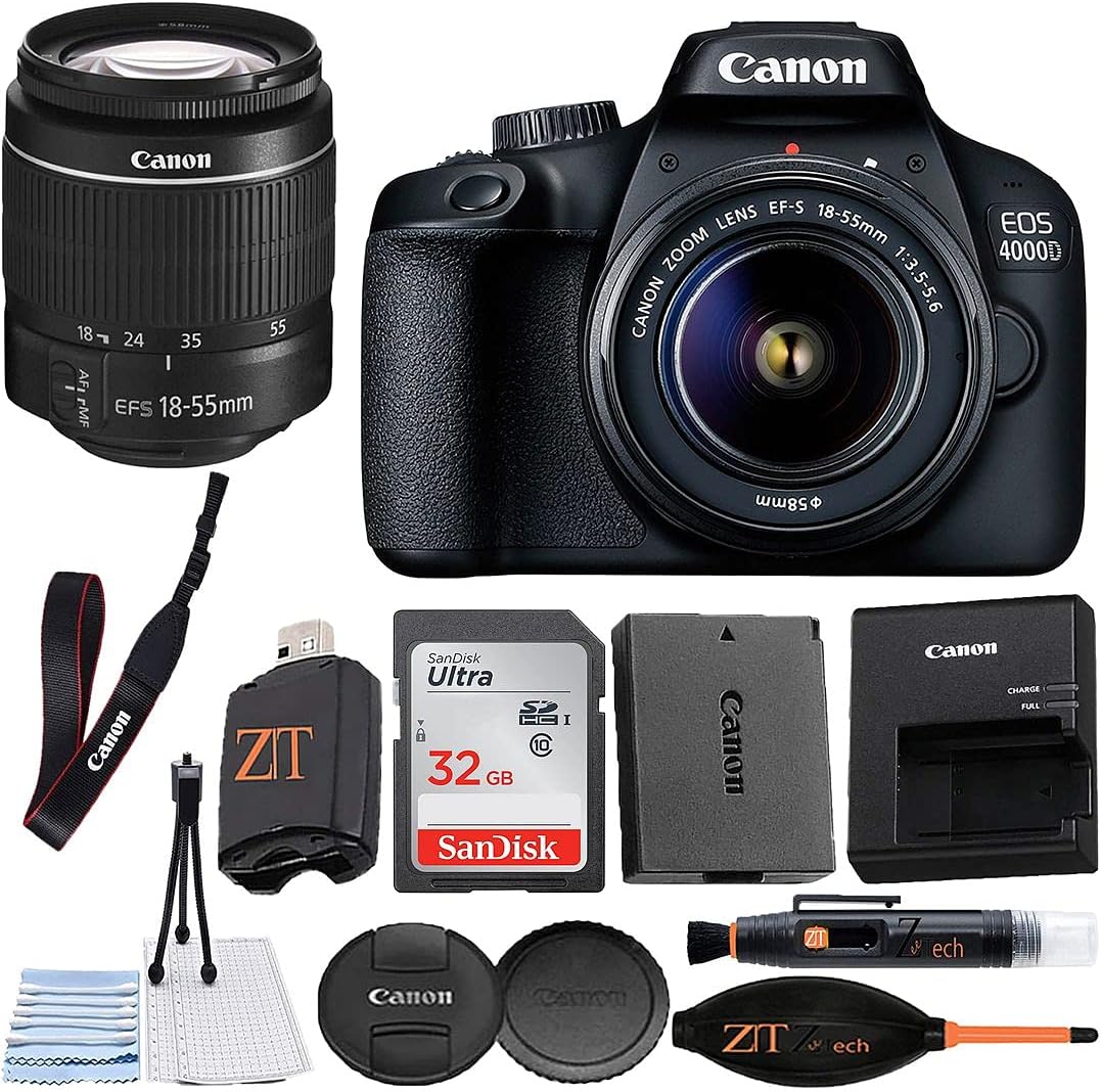 Canon EOS 4000D / Rebel T100 DSLR Camera 18-55mm Zoom Lens + ZeeTech Accessory Bundle with SanDisk 32GB Memory Card, Cleaning Starter Kit, High Speed Memory Card Reader (Renewed)