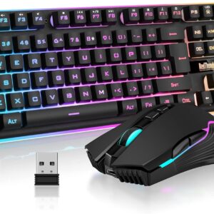 RedThunder K10 Wireless Gaming Keyboard and Mouse Combo, LED Backlit Rechargeable 3800mAh Battery, Mechanical Feel Anti-ghosting Keyboard + 7D 3200DPI Mice for PC Gamer (Black)