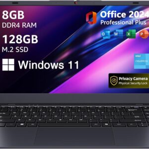 Laptop Computer with MS Office 2024, 14.1 inch HD Display, 8GB RAM/128GB SSD, N5095 Quad Core Processor Notebook PC, Support 2.4G/5G Hz WiFi, BT