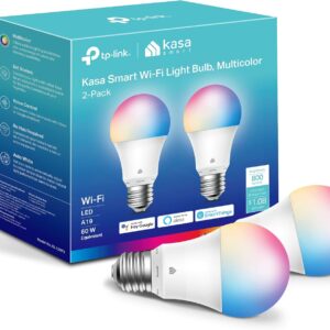 Kasa Smart Light Bulbs, Full Color Changing Dimmable Smart WiFi Bulbs Compatible with Alexa and Google Home, A19, 60 W 800 Lumens,2.4Ghz only, No Hub Required, 2-Pack (KL125P2), Multicolor