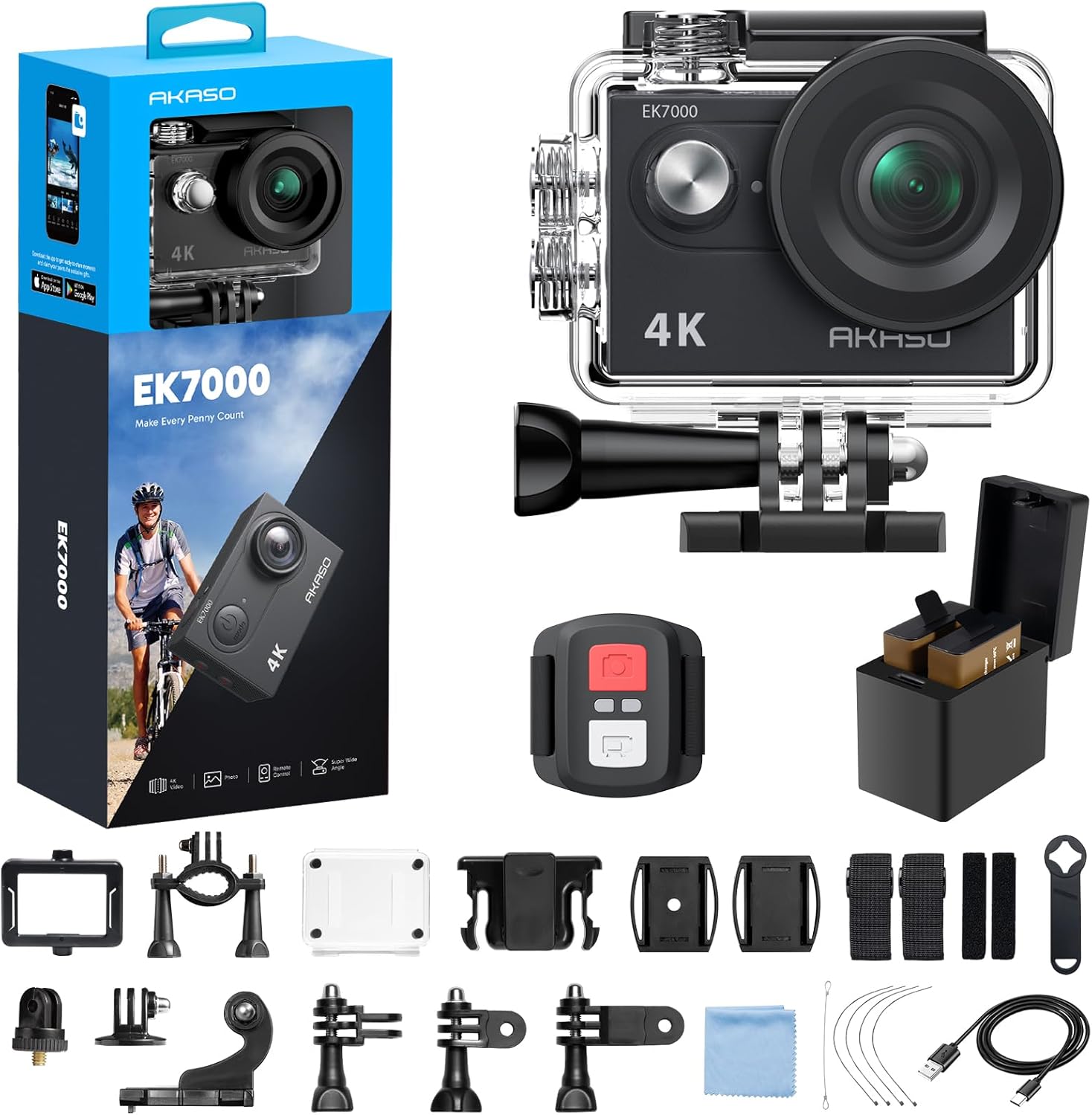 AKASO EK7000 4K30fps Action Camera – 131ft Waterproof Camera with EIS 4X Zoom Remote Control Ultra HD 20MP Underwater Camera with Accessories Kit