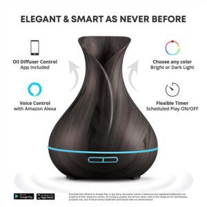 Smart WiFi Wireless Essential Oil Aromatherapy 400ml Ultrasonic Diffuser & Humidifier with Alexa & Google Home Phone App & Voice Control – Create Schedules – LED & Timer Settings Dark Brown