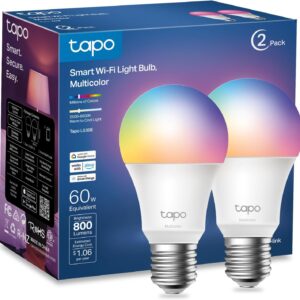 TP-Link Tapo Smart Light Bulbs, 16M Colors RGBW, Dimmable, Compatible with Alexa and Google Home, A19, 60W Equivalent, 800LM CRI>90, 2.4GHz WiFi only, No Hub Required, Tapo L530E(2-Pack)