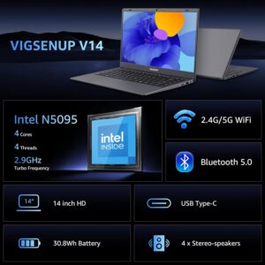 Laptop, Laptop Computer 14 inch HD Display, Quad-Core N5095 Up to 2.9 GHz, 8GB RAM 128GB SSD Laptops, Preinstall Office Pro Plus 2024, 2.4G/5G WiFi, BT 5.0, USB 3.0, Webcam, Long Battery Life