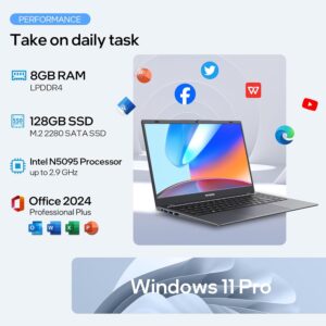 2025 New Laptop Computer, 8GB RAM, 128GB SSD, Quad-Core N5095 Processor Laptop, 14″ HD Display Laptops, Support WiFi 5, Bluetooth 5.0, USB 3.0, Webcam, Pre-Installed Office Pro Plus 2024