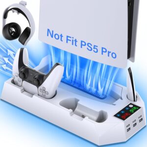 PS5 / PS5 Slim Stand and Cooling Station with Dual Controller Charging Station for PlayStation 5 Console, PS5 Accessories Incl. Controller Charger, Cooling Fan, Headset Holder, 3 USB Hub, Screw White
