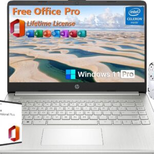 HP 14 Inch Laptop Student Business, with Office Lifetime License & Windows 11 Pro, Intel Dual-Core N4120, 16GB RAM, 384GB Storage(128GB eMMC+256GB MSD), Ultra Light, Webcam, WiFi, Designed Mouse