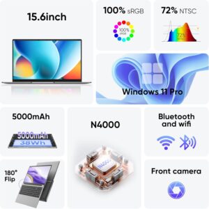 EYY 15.6 inch Windows 11 Pro Laptop,8GB RAM 256GB SSD,Intel Celeron N4000(up to 2.6GHz), 100% sRGB Screen丨FHD 1920 x 1080丨MS Office 2024丨WiFi丨BT4丨2xUSB丨5000mAh Battery