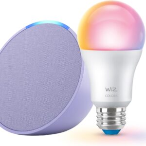 Echo Pop with WiZ 60W A19 LED Smart Color Bulb – Connects to Your Wi-Fi – E26 Base – Control with Voice or App – Matter Compatible