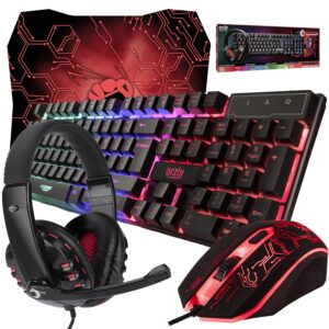 Gaming Keyboard and Mouse and Mouse pad and Gaming Headset, Wired LEDRGB Backlight Bundle for PC Gamers and Xbox and PS4 Users – 4 in 1 Edition Hornet RX-250