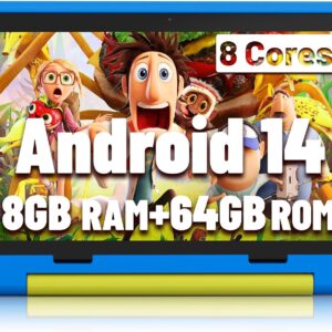 Kids Tablet｜Upgraded Android 14 Tablet 10 inch for Kids with Protective Case｜Octa-Core｜64GB｜1TB TF Card Expandable｜Dual Camera｜Parental Control｜Pre-intalled KIDOZ｜Great Gift for Toddler(Blue)