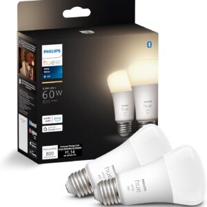 Philips Hue Smart 60W A19 LED Bulb – Soft Warm White Light – 2 Pack – 800LM – E26 – Indoor – Control with Hue App – Works with Alexa, Google Assistant and Apple Homekit