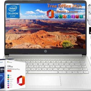 HP 14 Inch Laptop for Student Business, with Office Pro 2024 Lifetime License & Windows 11 Pro, Intel Dual-Core N4120, 16 GB RAM, 384 GB Storage(128GB eMMC+256GB MSD), Ultralight, WiFi, Designed Mouse