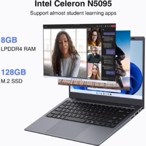 Laptop Computer with MS Office 2024, 14.1 inch HD Display, 8GB RAM/128GB SSD, N5095 Quad Core Processor Notebook PC, Support 2.4G/5G Hz WiFi, BT