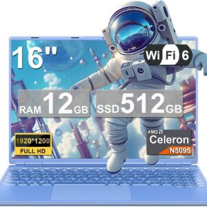 Laptop 16″ 12GB+512GB SSD Celeron N5095 Up to 2.9 GHz Win 11 Laptop Support 512GB TF 1TB SSD Expand Notebook with 1920*1200 FHD 5G WiFi BT 4.2 Webcam Cooling Fan for Students and Business-Blue