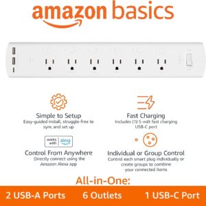 Amazon Basics Smart Plug Power Strip with 6 Individually Controlled Outlets and 3 USB Ports (2 USB-A and 1 USB-C), Works with Alexa Only, 2.4 GHz Wi-Fi, No Hub Required, White