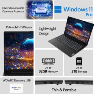 Lenovo New V15 Laptop · 32GB RAM · 1TB SSD · Intel Celeron N4500 Processor · Intel UHD Graphics · 15.6″ FHD 1080p Anti-Glare Display · Ethernet RJ-45 · Windows 11 Pro · WOWPC Recovery USB