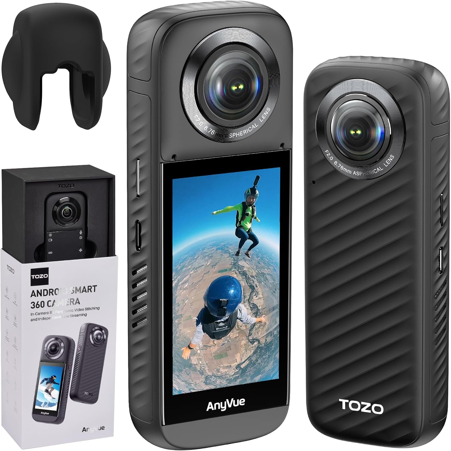 TOZO AnyVue Android Smart 360 Action Camera with 1/2″ 4800W CMOS, 5.7K 360 Video, 12K 360 Photo, Intelligent Tracking Action Camera with Editing App, Built-in GPS, 4K Live Streaming, 3.0″ Touchscreen