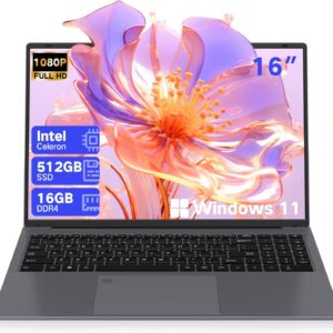 DERE 2025 Updated 16”Laptop Computer,16GB LPDDR4 512GB SSD, WIN11, Celeron N5805, 2560 * 1600 Notebook PC, Laptop with Fingerprint Unlock and Backlit Keyboard, HDMI,WiFi for Work,Study,Grey