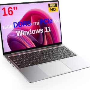 Laptop 16 inch Windows 11 Pro, Alder Lake 12th Gen N95, Up to 3.4GHz, 16GB DDR5 RAM, 1TB PCIe NVMe SSD, 16″ FHD IPS 1920×1200, 2.0MP, 2.4G+5G WiFi, BT 5.0, HDMI, RJ45, Type C, Gray